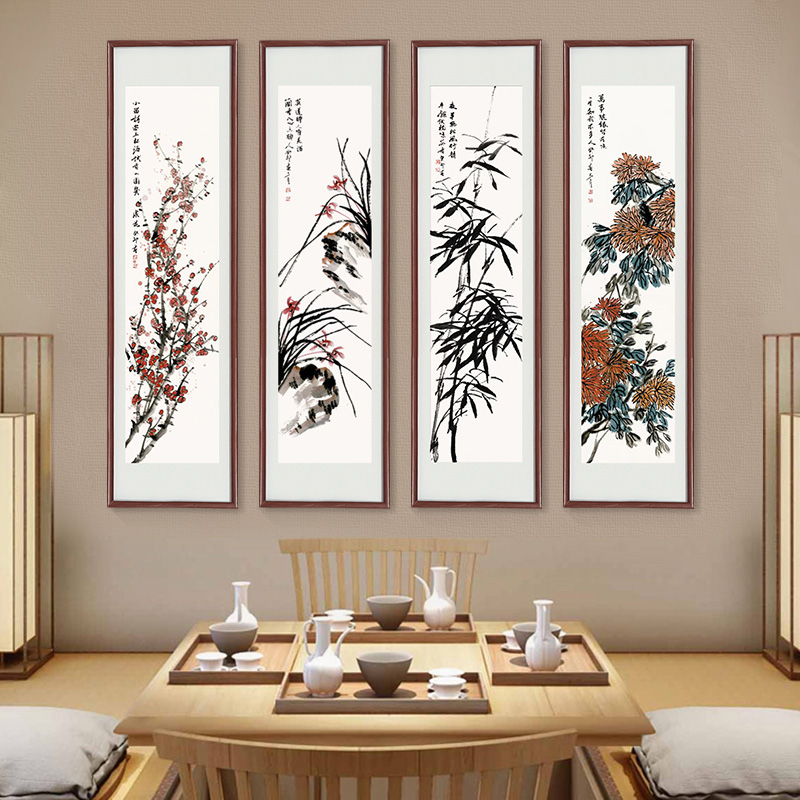 中式沙发背景墙画客厅装饰画方形平面单幅红木框画梅兰竹菊35125