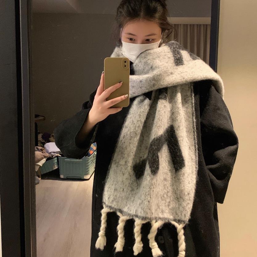保暖新款F围巾女冬季大格子大麻花辫子加厚高级感情侣时尚潮围脖