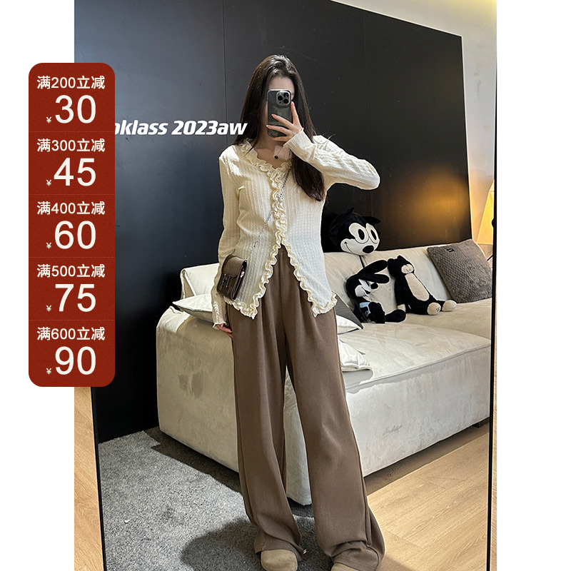 王少女的店 卡其色时尚高腰休闲裤宽松百搭针织直筒裤 K06421S33