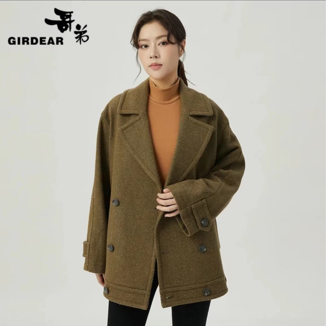 GIRDEAR/哥弟百搭通勤简约西装领长袖双排扣廓形休闲外套1400707