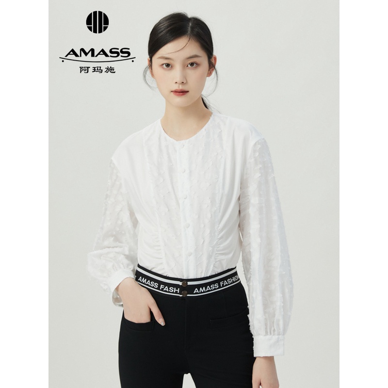 AMASS/阿玛施白月光前中抽皱设计圆领简约质感长袖白衬衫5300938