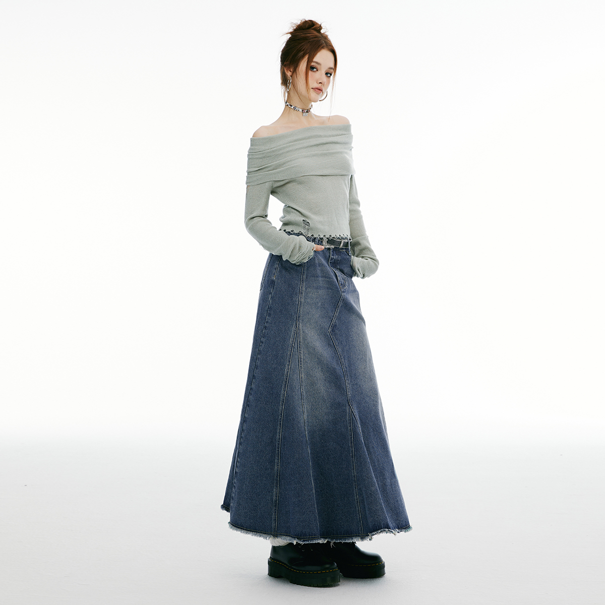 【陈湘湘】imone秋复古蓝色高腰显瘦长款鱼尾牛仔半裙DTS031