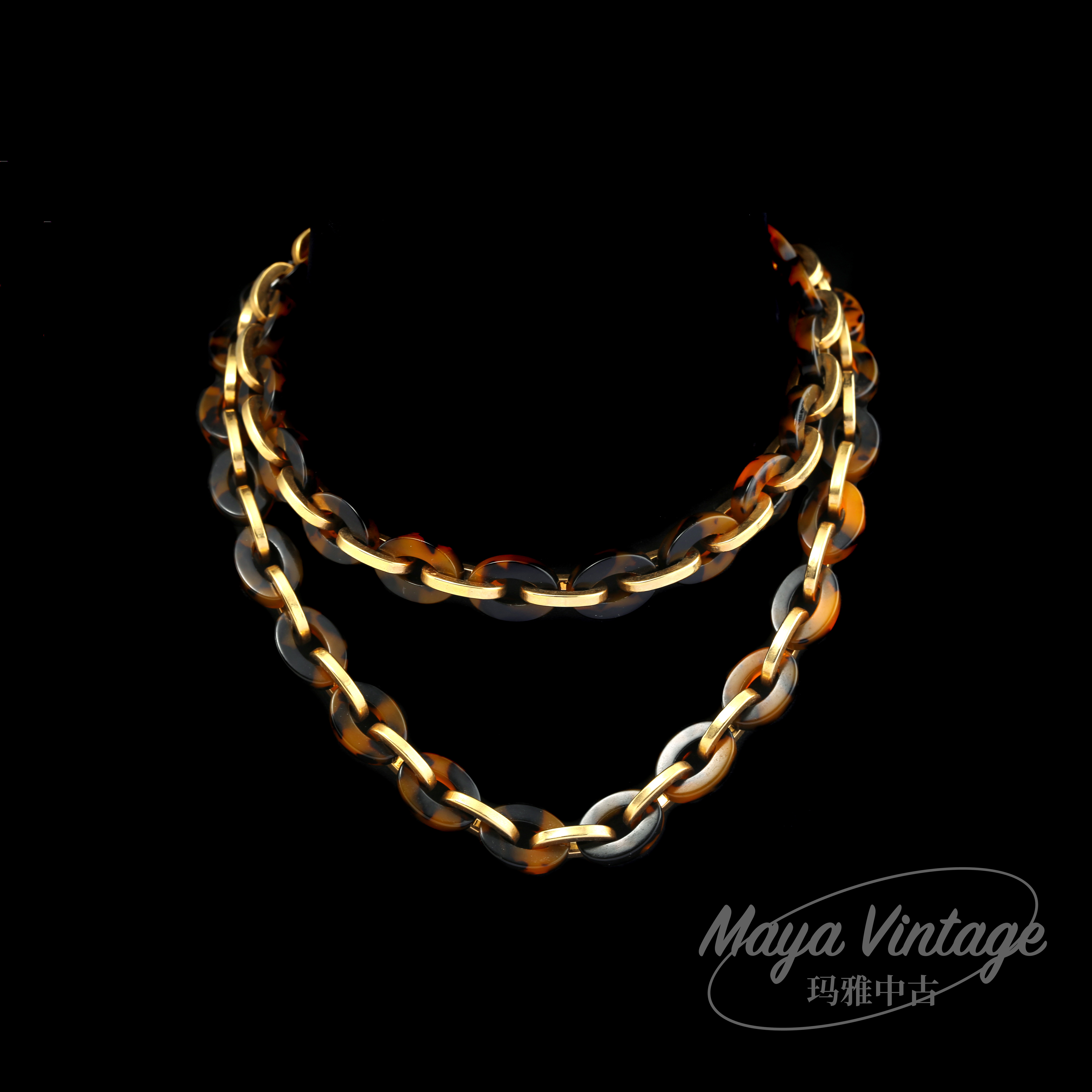 95新 玛雅中古 琥珀色亚克力素金项链（wz）/EJ36010