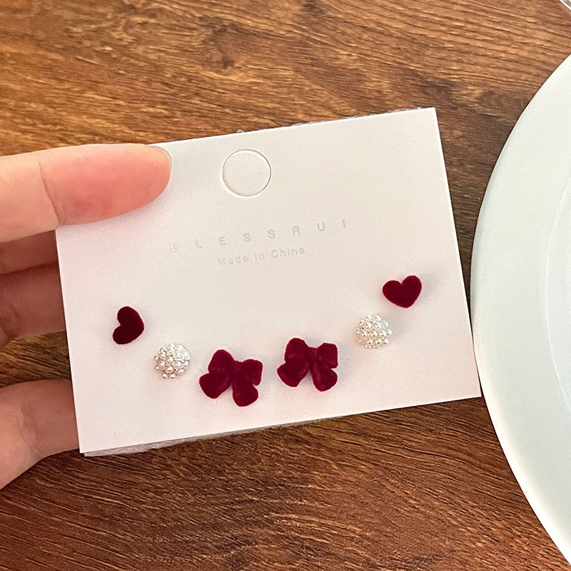合金布艺耳饰 红色蝴蝶结耳钉6件套女新款潮秋冬耳饰女耳环气质
