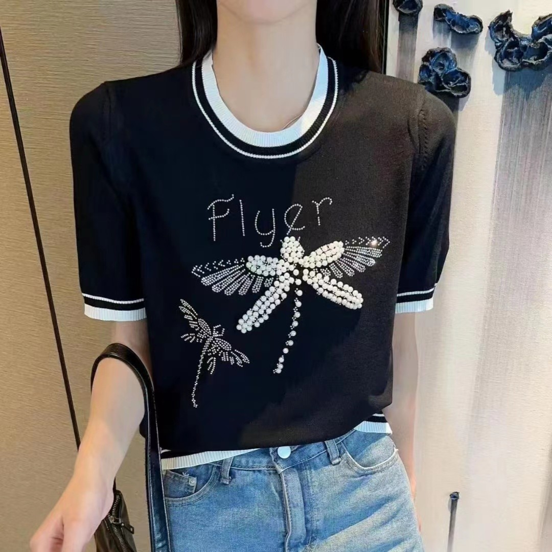 重工夏季新款蜻蜓烫钻钉珠显瘦宽松大码女装冰丝针织短袖上衣T恤
