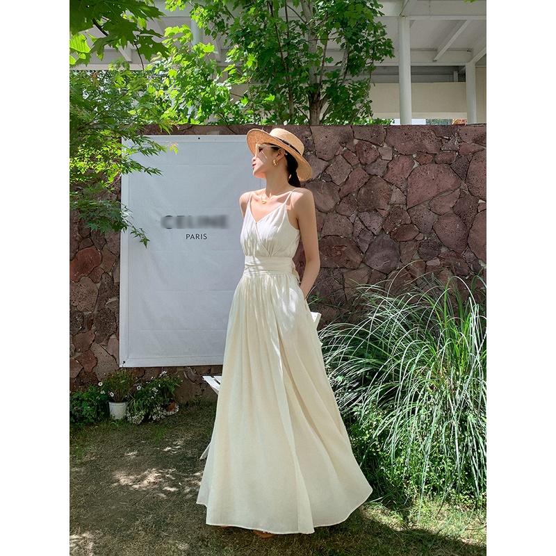 JWUNIQUE米白色无袖吊带连衣裙女夏季2024新款收腰显瘦度假长裙子