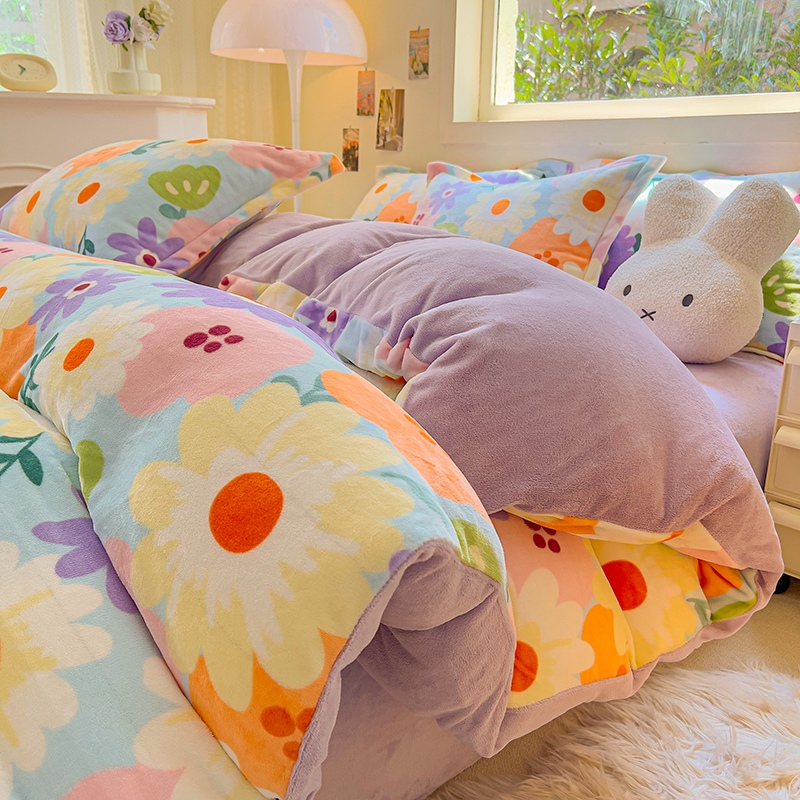 2023冬季新款高克重加厚牛奶绒印花四件套田园花卉保暖床单三件套