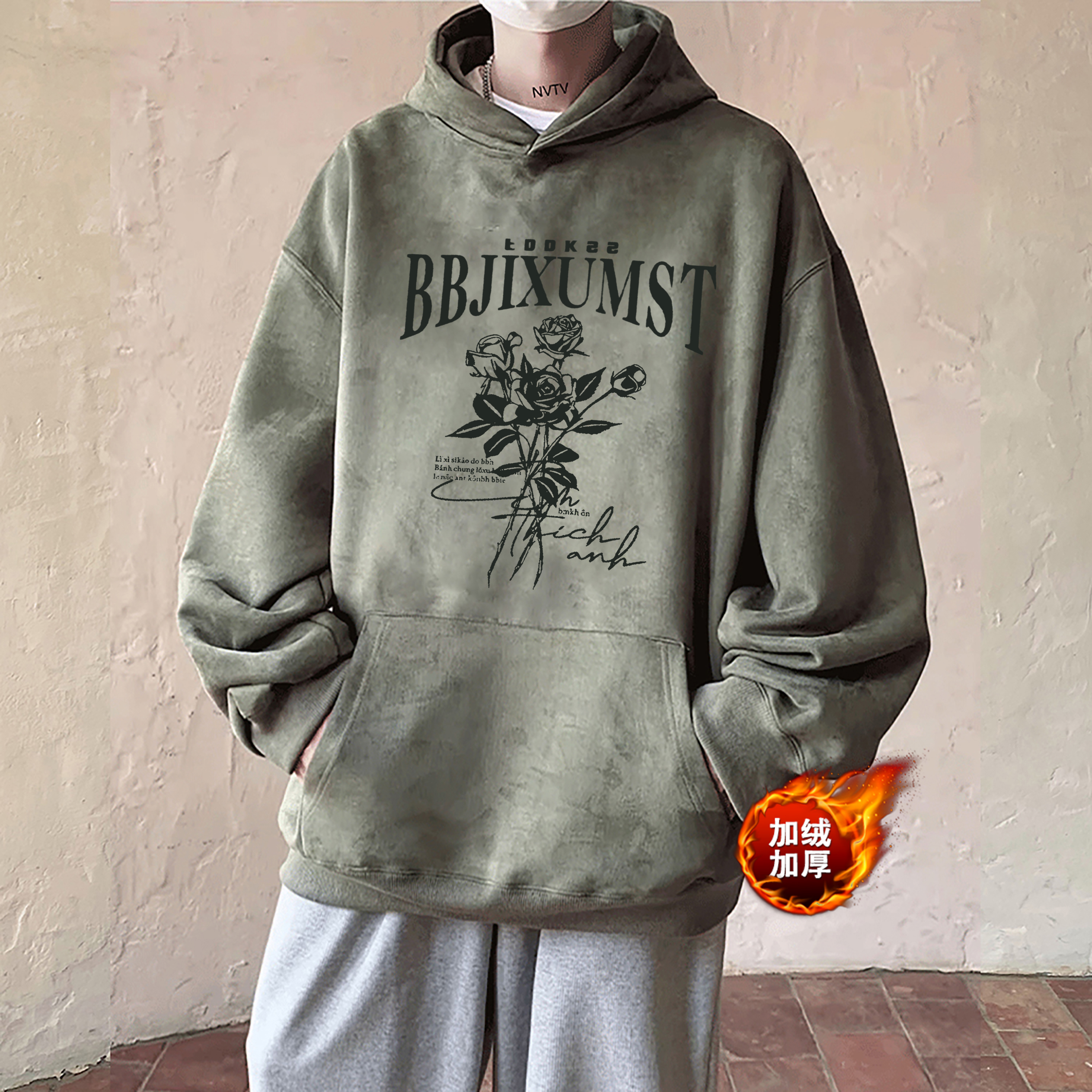 复古玫瑰印花连帽卫衣男女秋冬季帅气宽松加绒青年设计感外套上衣