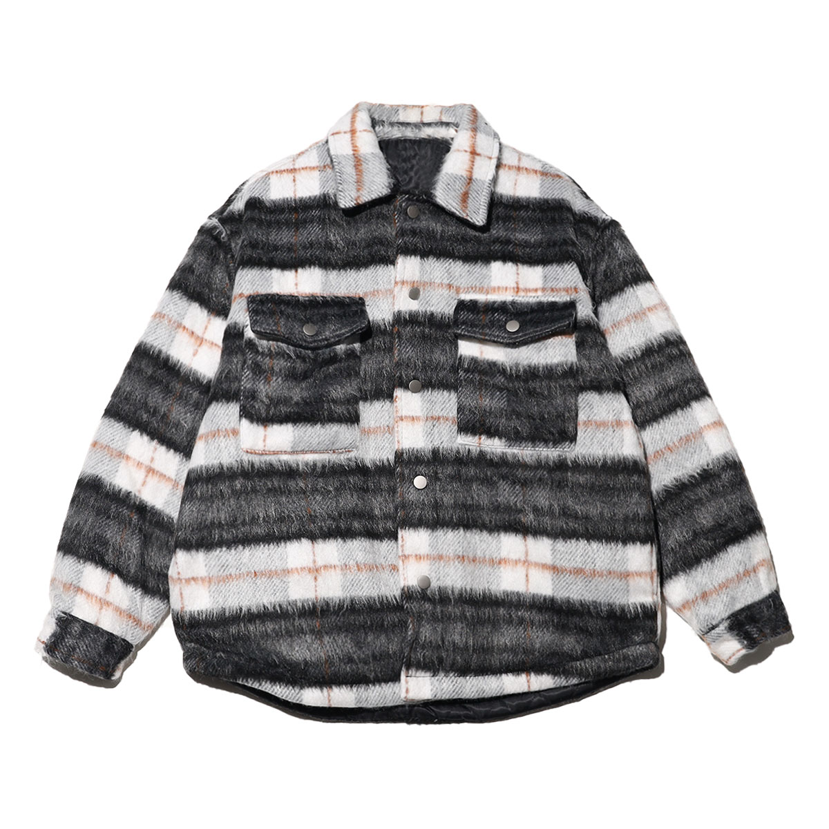 B1079条纹格子美式男士春秋牛仔宽松毛呢翻领棉服拼接冬季