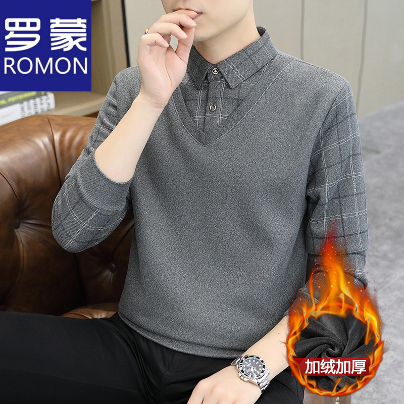 罗蒙针织衫男加绒加厚假两件男士衬衫领休闲商务中年毛衣男款冬季