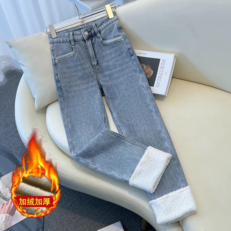 浅色加绒羊羔毛拼接烟管牛仔裤女2023秋冬新款加厚高腰显瘦直筒裤