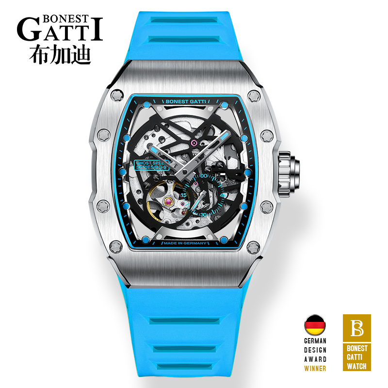 BONEST GATTI/布加迪男士全自动机械表镂空酒桶形男表腕表BG9901