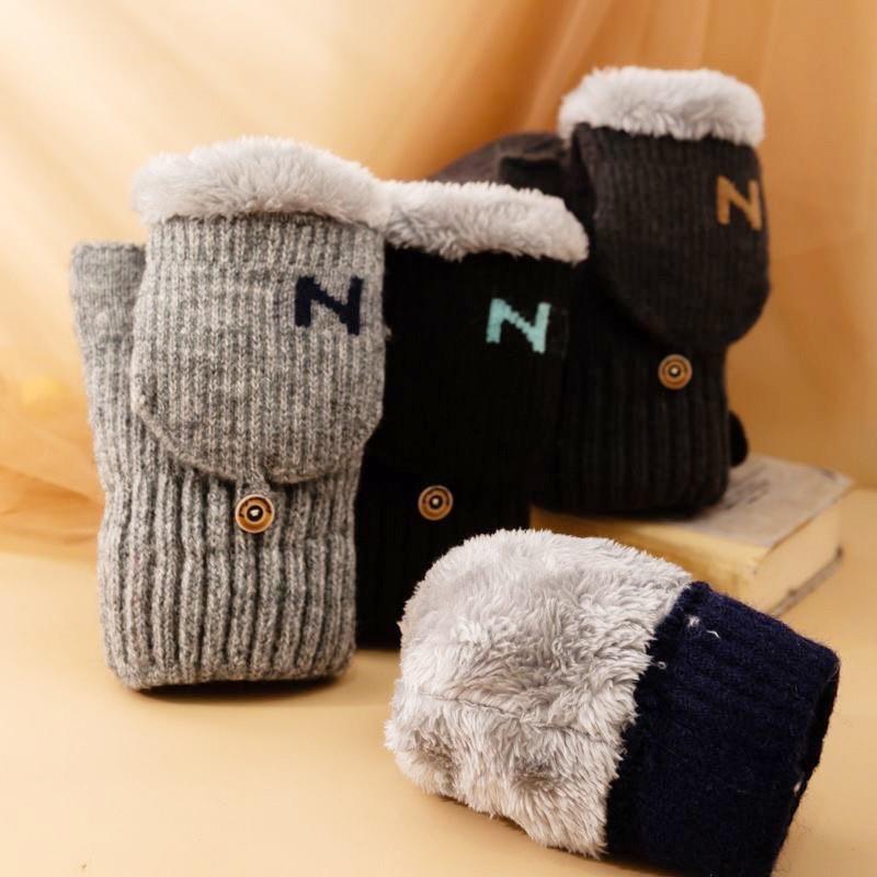 初中生冬季保暖手套加厚加绒露指翻盖半指毛线针织男女学生写字用