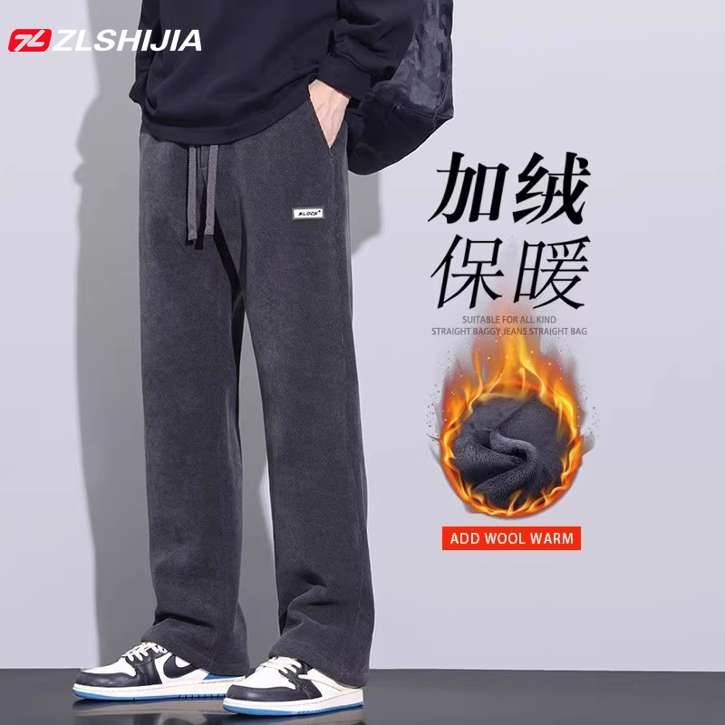 战狼世家灯芯绒阔腿长裤男款宽松直筒秋冬季加绒加绒运动休闲裤男