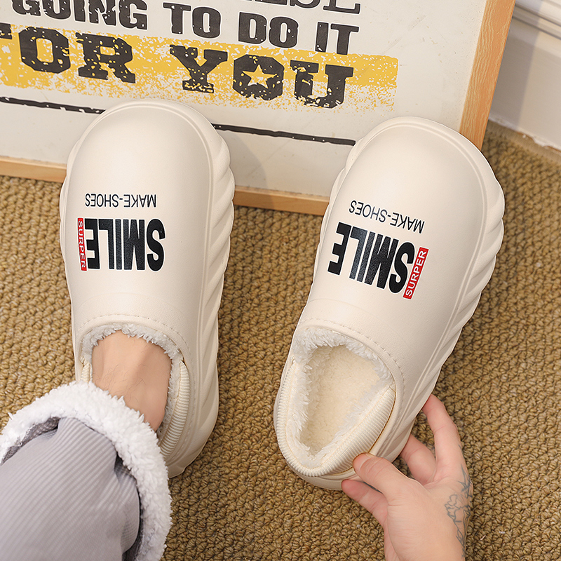 新款时尚印花棉拖鞋男款冬季外穿包跟加绒保暖面包鞋男士防水防滑