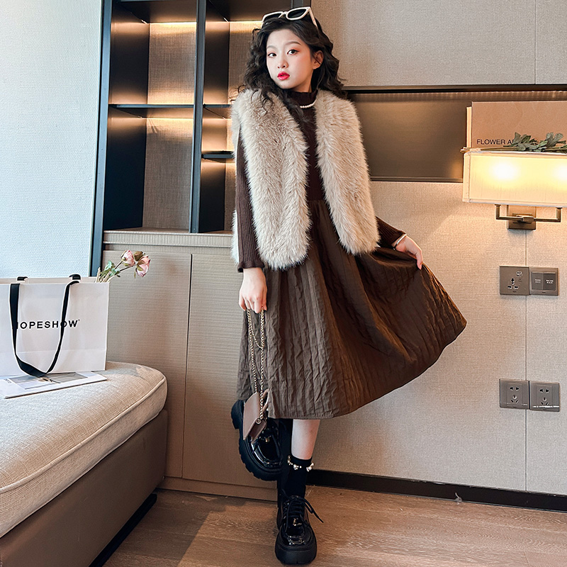 女童冬装仿皮草马甲外套儿童加厚秋冬小香风套装大童公主连衣裙子
