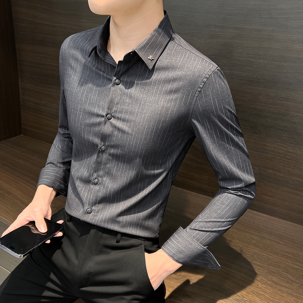 高档条纹衬衫男士长袖夏季薄款修身商务通勤风男装高端上档次衬衣
