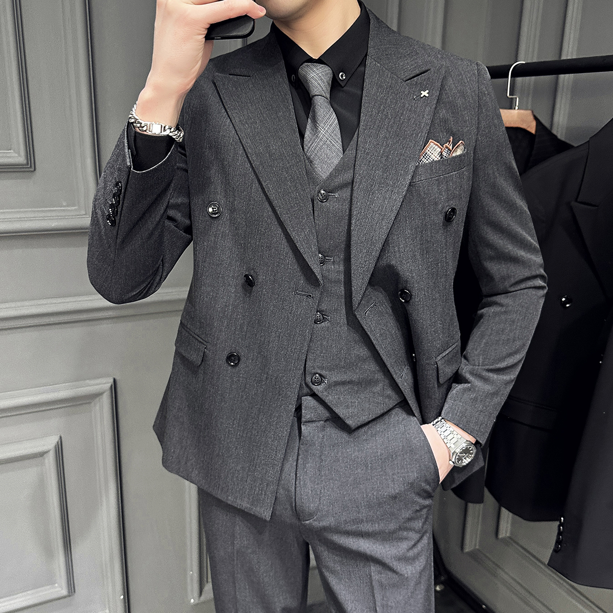 西装套装男士新郎结婚礼服2023爆款高级感商务正装休闲西服三件套