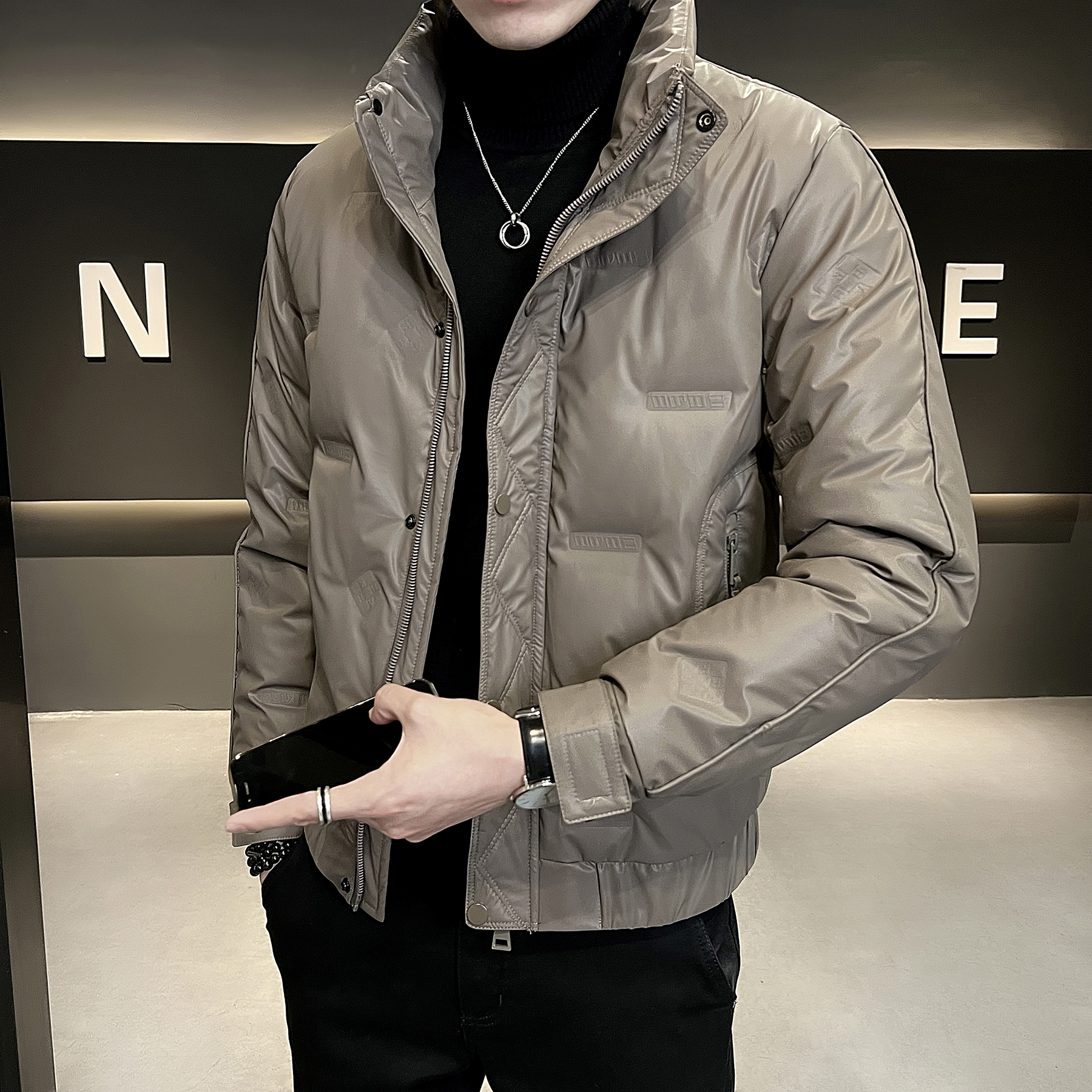 立领棉衣男款爆款2023新款冬季男装潮牌PU皮棉袄男士加厚棉服外套