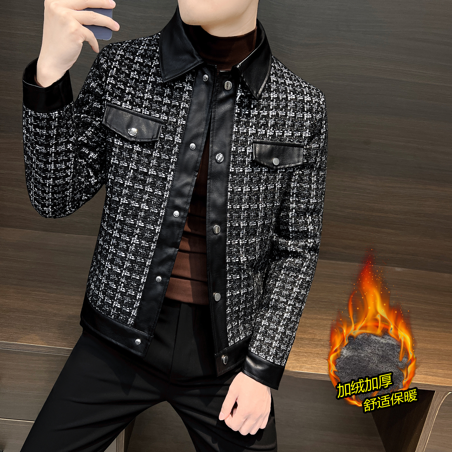 皮毛一体夹克外套男款冬季加绒加厚男装高级感痞帅男士小香风上衣