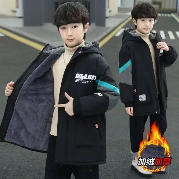 男童冬装外套加绒加厚棉服2023中大童男孩秋冬季棉袄休闲风衣帅气
