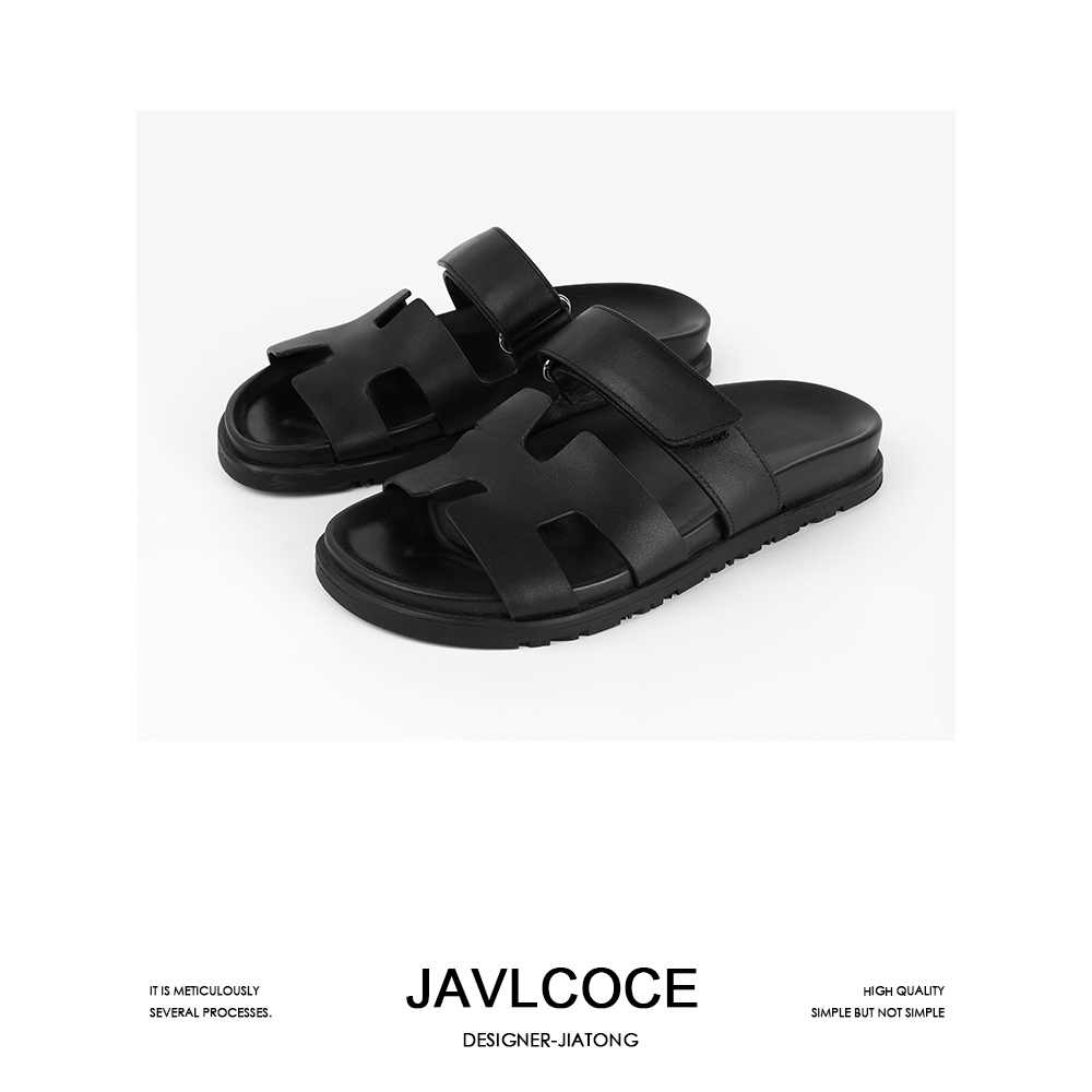 JAVLCOCE真皮网红平底H拖鞋凉鞋2023夏季高级感外穿度假休闲凉拖