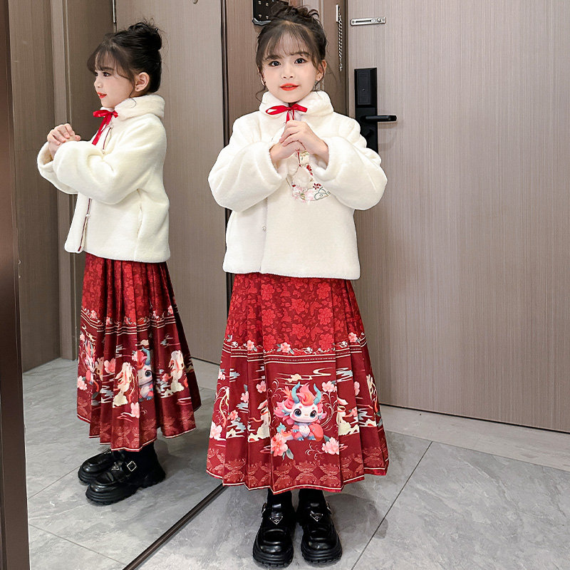高端汉服女童马面裙套装冬装2023新款大童女孩国风拜年服加绒加厚