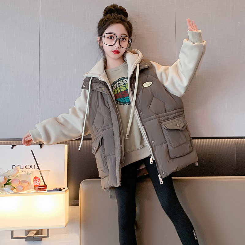 女童秋冬款棉服外套2023新款中大童8-15岁洋气假两件加厚女孩棉衣