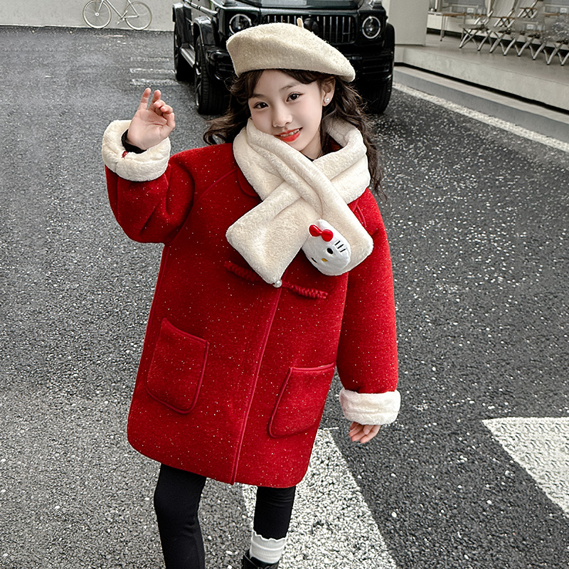 女童冬装毛呢大衣2023新款洋气中大童6-12岁15岁加绒加厚年服外套