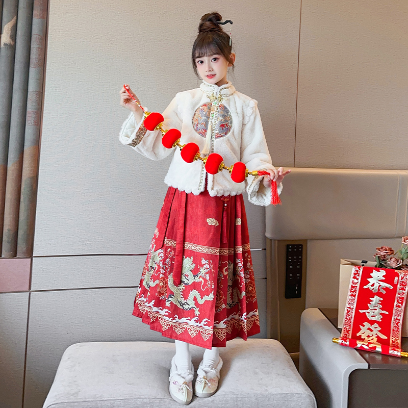 马面裙女童2023冬季新款中大童加绒女孩子汉服套装红色喜庆过年服