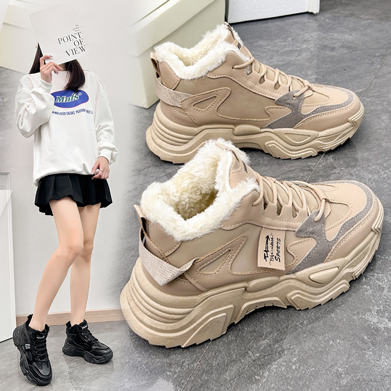 李宁国潮高帮老爹鞋女2023冬季新款加绒ins百搭棉鞋厚底休闲运动