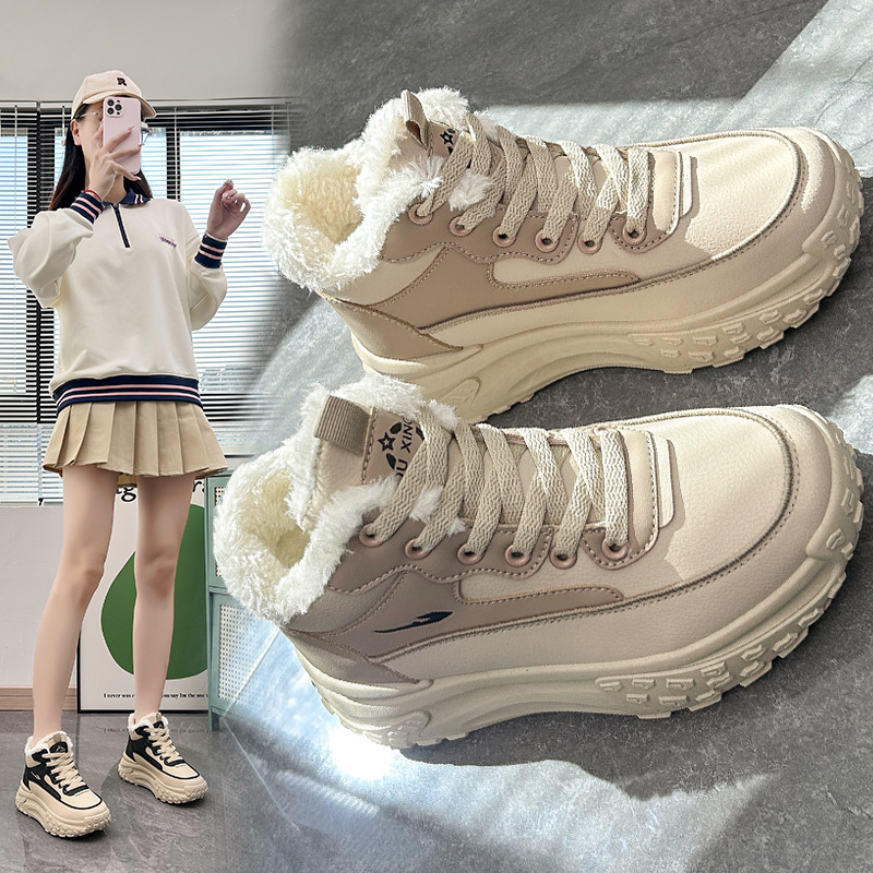 李宁国潮高帮老爹鞋女2023冬季新款加绒百搭雪地棉鞋潮休闲运动鞋