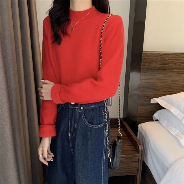 加绒加厚半高领针织衫女秋冬新款修身内搭保暖发热显瘦毛衣打底衫