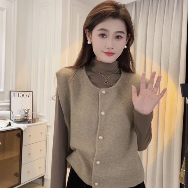 韩版气质时髦纯色圆领针织马甲开衫女2023秋季新款气质百搭上衣潮