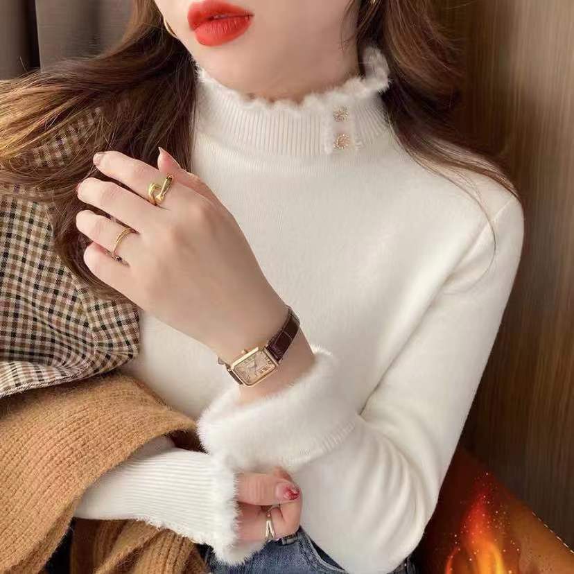 半高领针织衫女秋冬季内搭打底衫加绒加厚一体绒中领保暖贴身毛衣