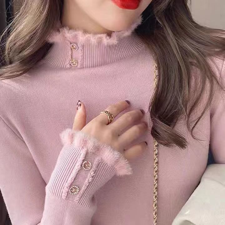 加绒毛衣女加厚一体绒百搭半高领打底衫2023年秋冬新款内搭上衣女