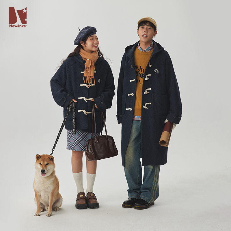 江南先生美式复古牛角扣长短款毛呢大衣休闲宽松情侣外套JN34X51