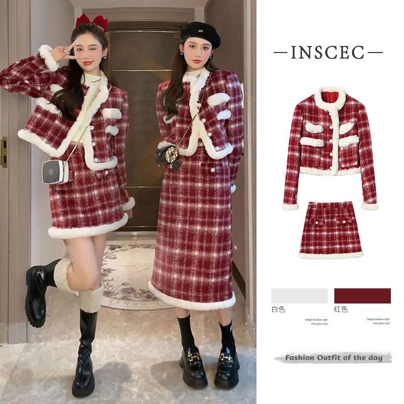 921#【新年红】红色小香风格子套装裙气质名媛富家千金两件套冬装