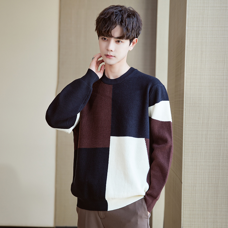 高端抗起球圆领毛衣男士秋冬季2023新款拼接撞色慵懒风保暖针织衫