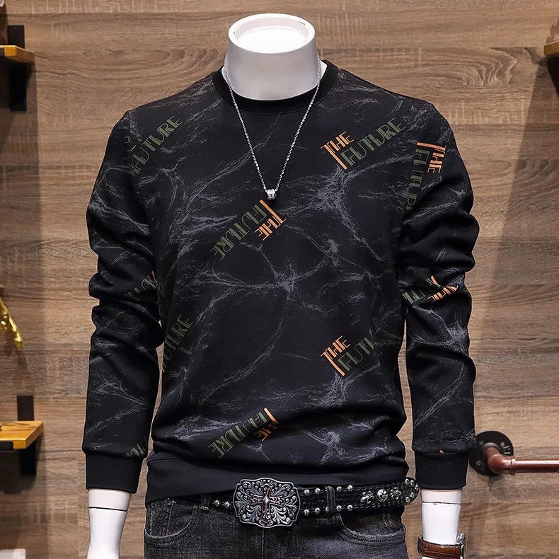 2023韩版圆领套头百搭拼色印花恤上衣男春季新款卫衣韩版圆领套头