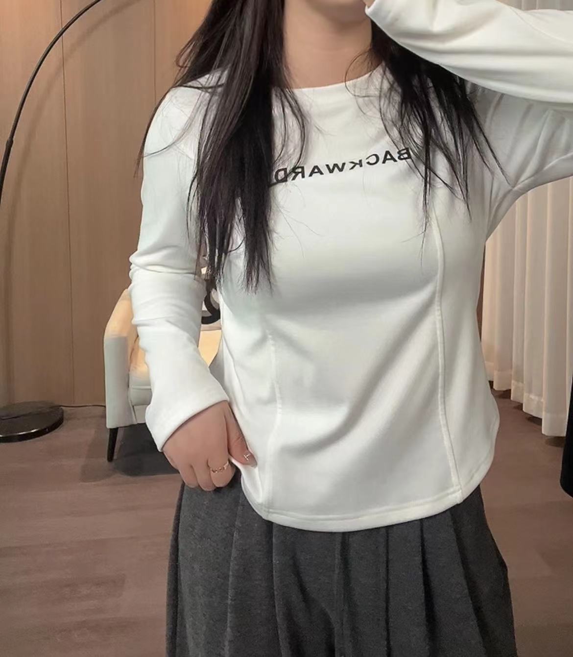 磨毛加厚大码弹力鱼骨长袖T恤胖MM显瘦休闲百搭上衣女