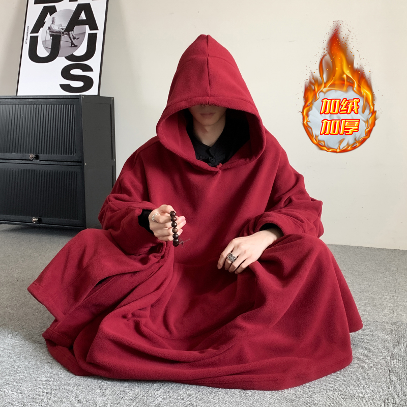 酒红色中长款居士服男款秋冬禅修打坐披风斗篷式加绒加厚僧人僧服