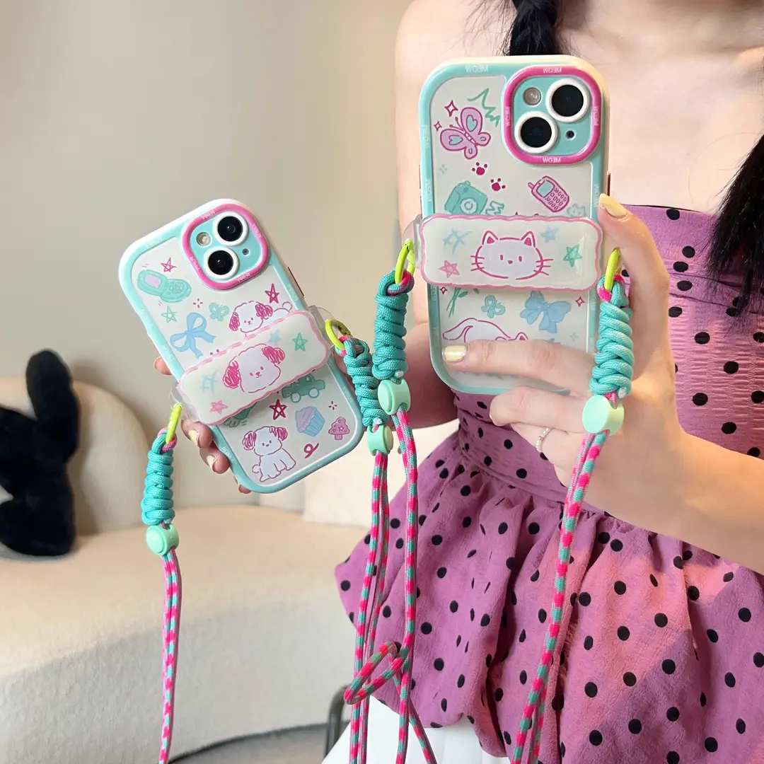 苹果/华为/oppo/vivo卡通PUPPY可爱猫咪小狗蝴蝶结背夹斜跨手机壳