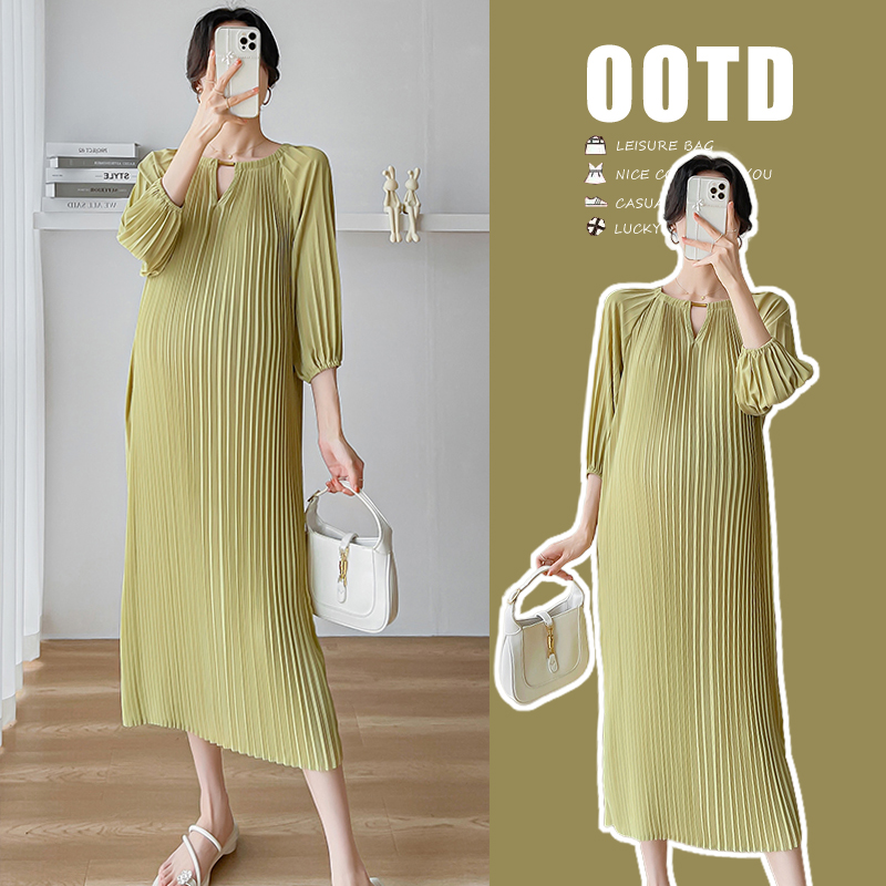 孕妇裙春夏时尚新款外穿大码显瘦遮肉压褶气质孕妇连衣裙仙女裙