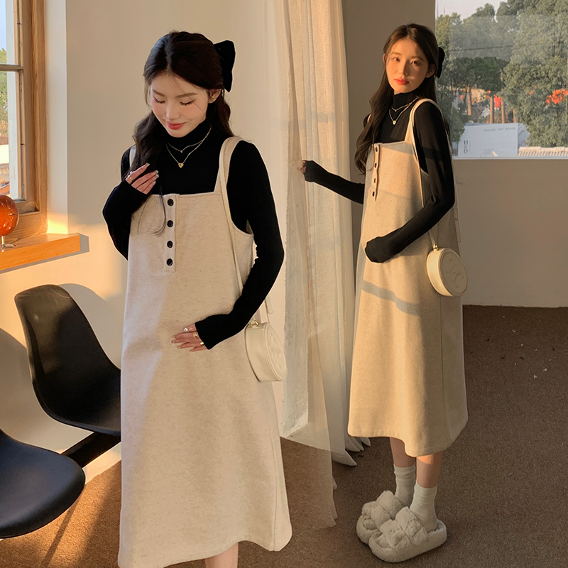 孕妇装秋冬连衣裙时尚两件套宽松毛呢背带裙+打底上衣外穿套装裙
