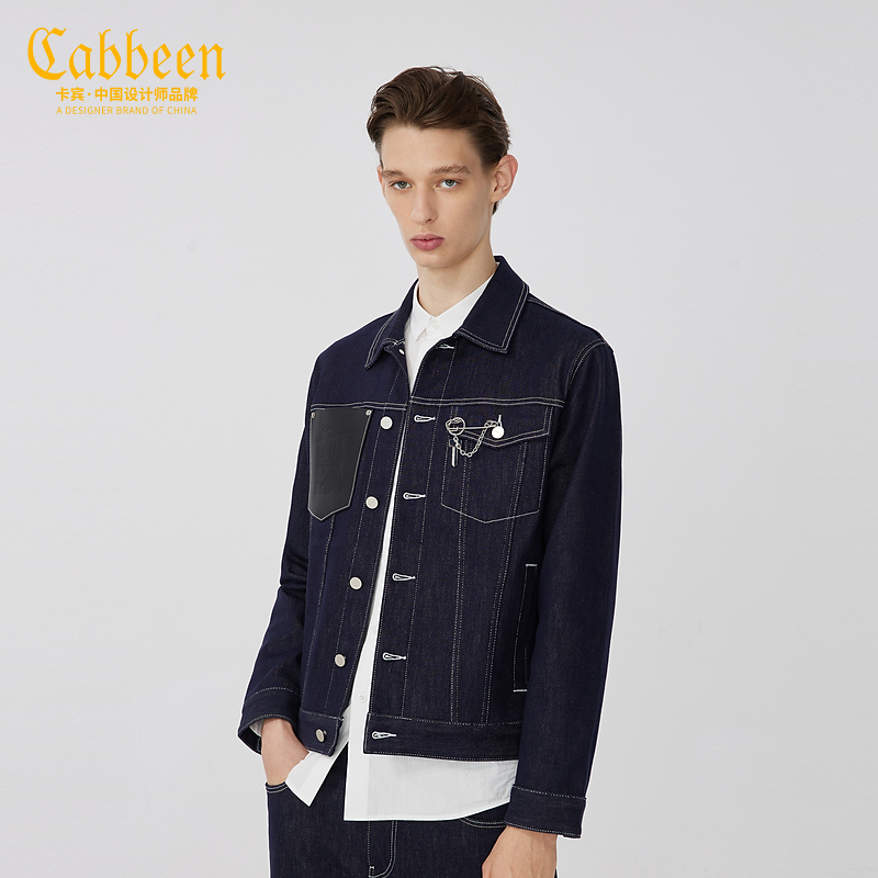 CABBEEN卡宾男装牛仔夹克潮流明线时尚皮牌拼接外套2213115001