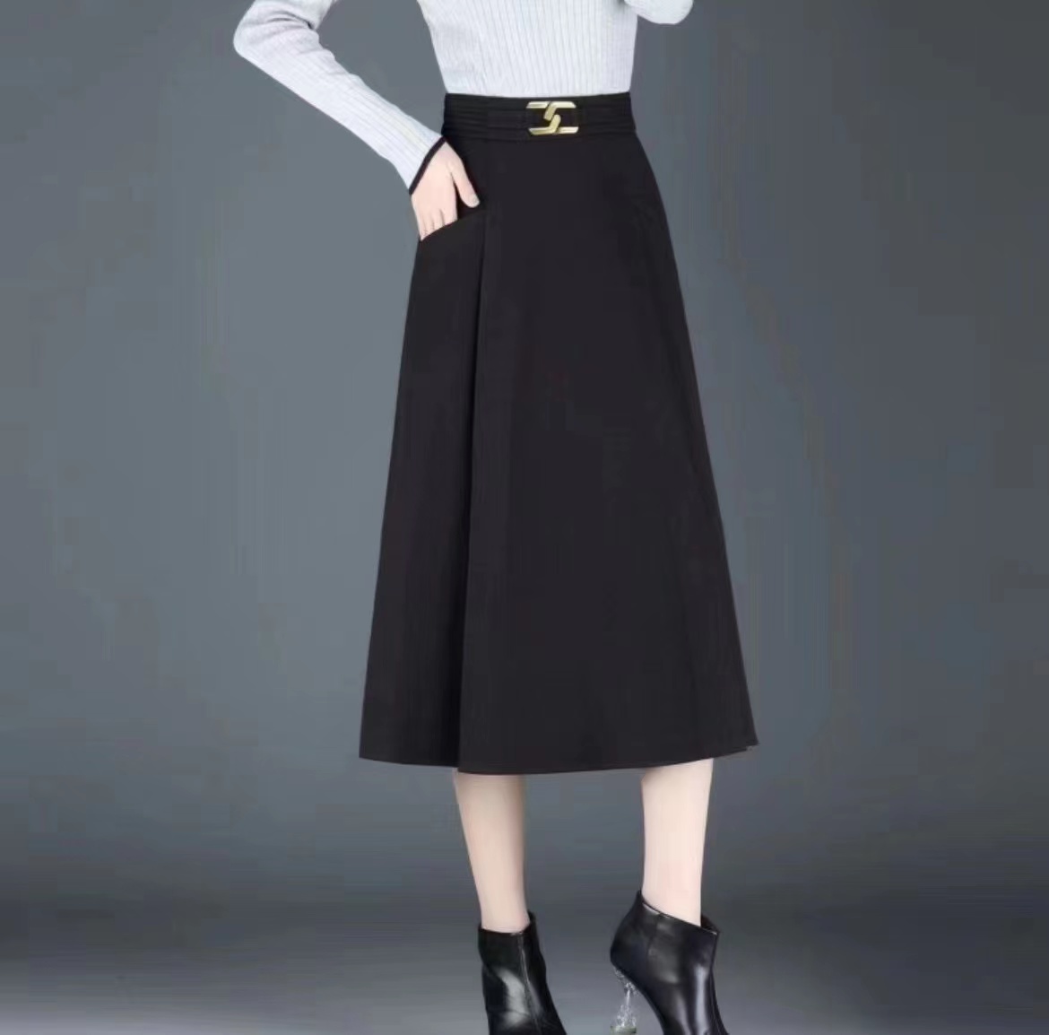 【KK】LLH6688冬季新款加厚加厚毛呢松紧弹力腰口袋裙
