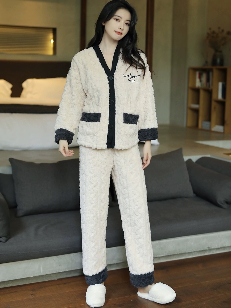 情侣提花睡衣套装加厚家居服长袖保暖冬款韩版男女0458