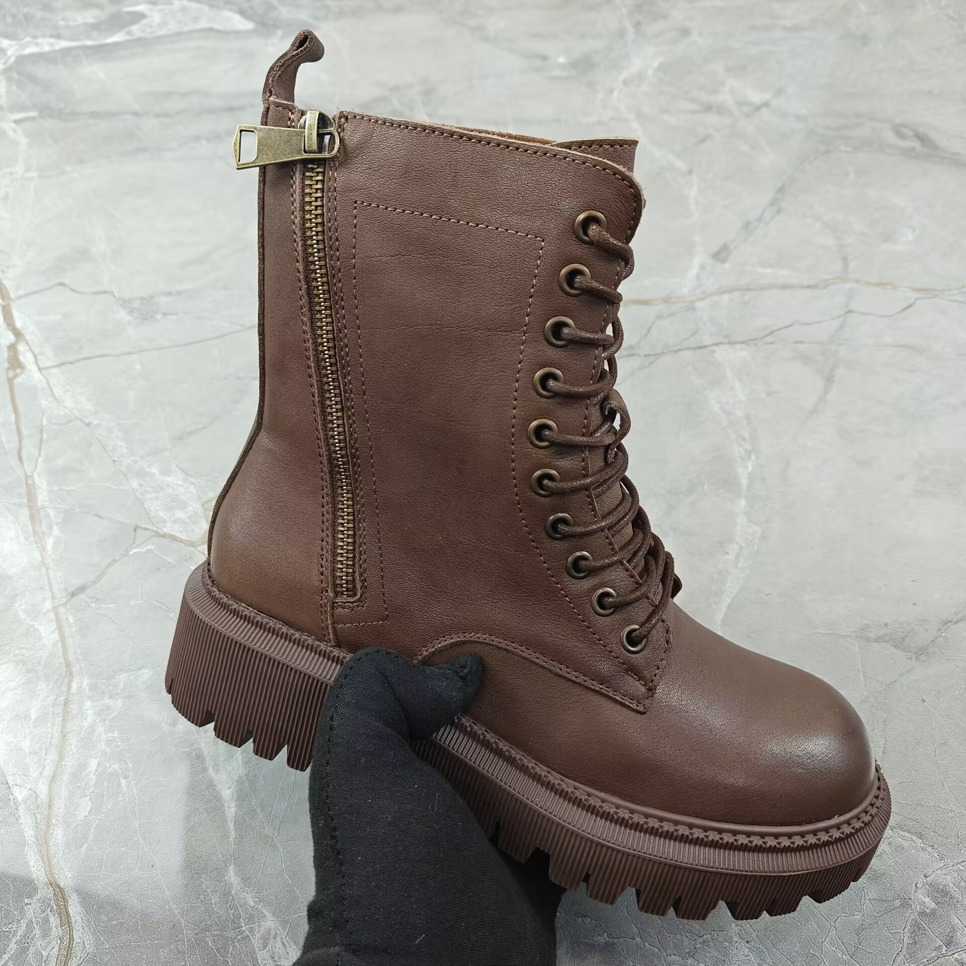 圆头系带侧拉链加绒短靴女6009-7