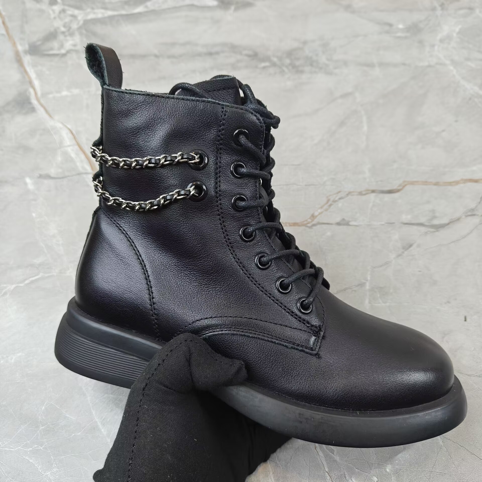 圆头粗跟系带不加绒侧拉链短靴女9100